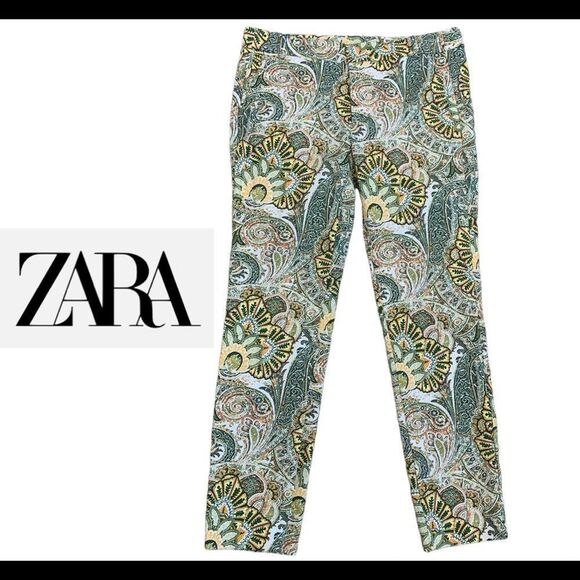 Zara green paisley floral print pants Sz 6 - Picture 1 of 10